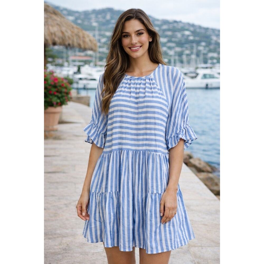 MAISIE Lex Puff Sleeve Babydoll Style Dress In Blue/White Stripe. NWOT. Size L.